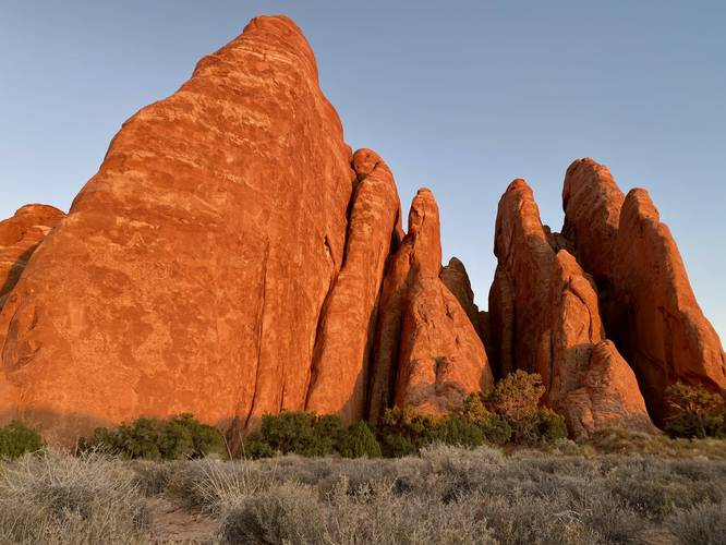 Sand Dune Arch rock outcropping in the sunset light