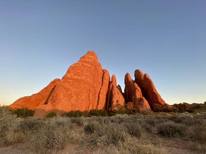 Sand Dune Arch rock outcropping in the sunset light