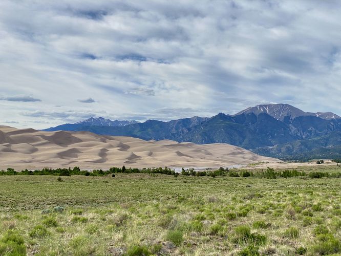 View of the Great Sand Dunes, Sangre de Cristo Mountains, and Medano Creek