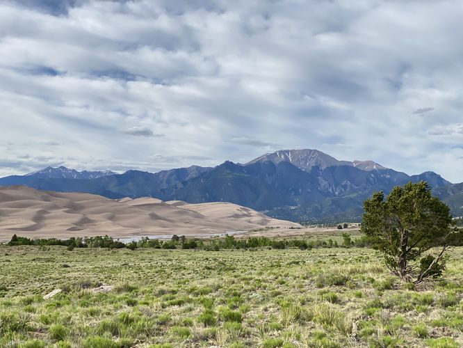 View of the Great Sand Dunes, Sangre de Cristo Mountains, and Medano Creek