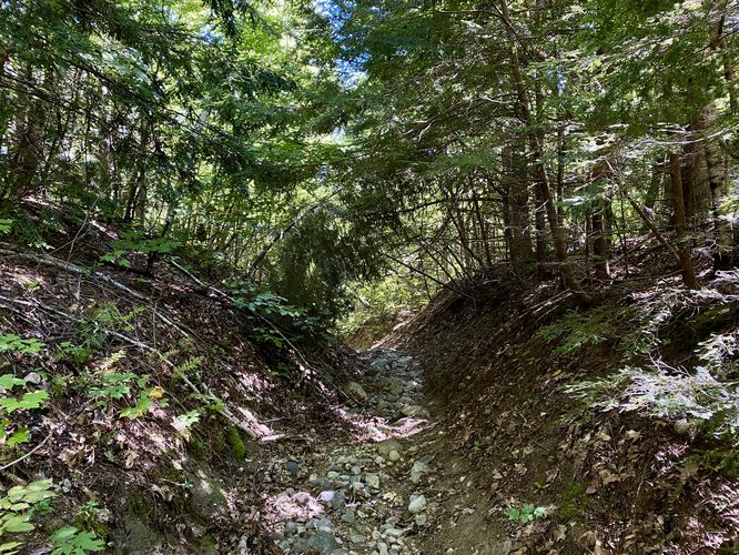 Sawyer Mountain Road follows a creek bed with tons of rocks
