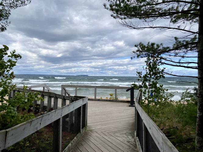 Boardwalk leads to the shore of Lake Superior