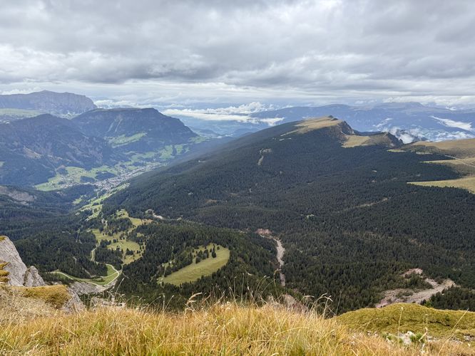 View of the Ortisei valley from the summit of Monte Seceda