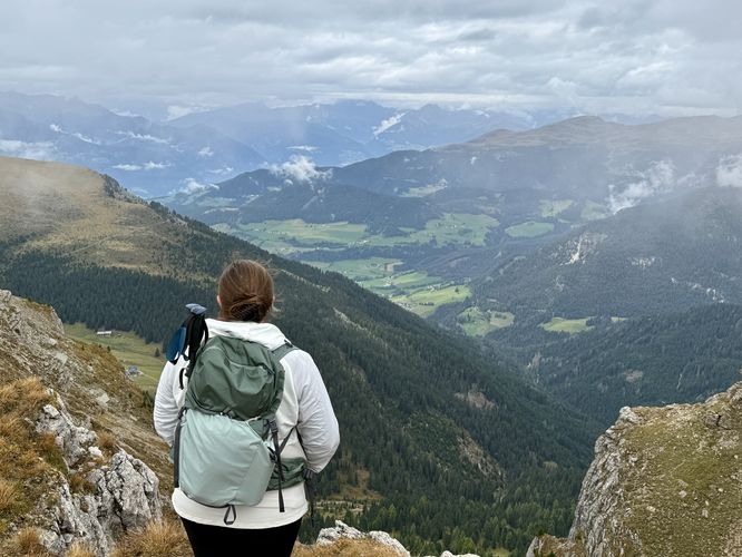 Looking out to the mountains of the Dolomites from the ridge