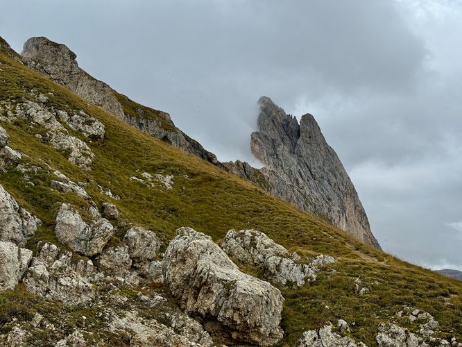 Cloudy view of the jagged alpine peaks from "Instagram Hill"