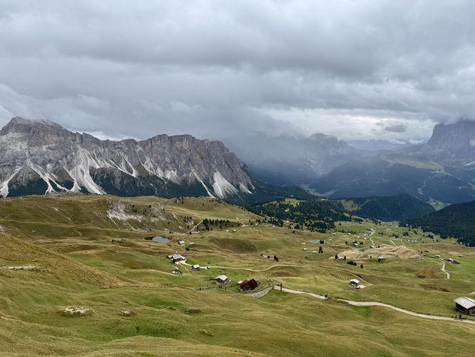 View of alpine pastures high above the Val Gardena region