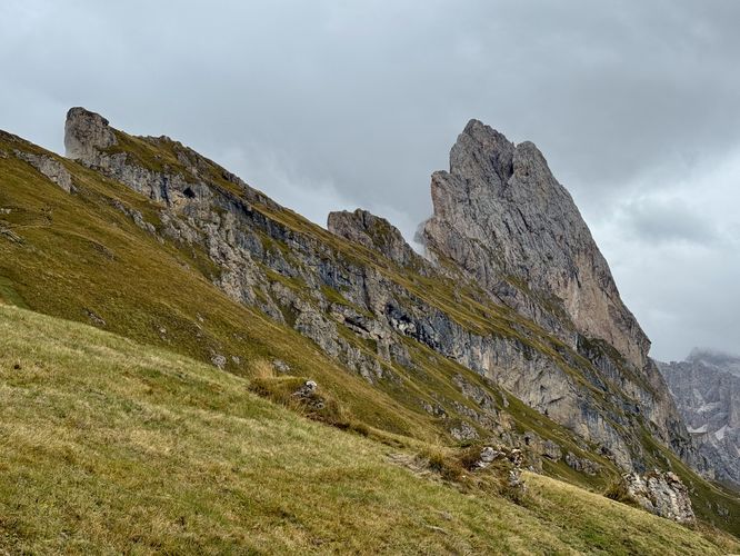 View from below the jagged peaks of Seceda Ridge
