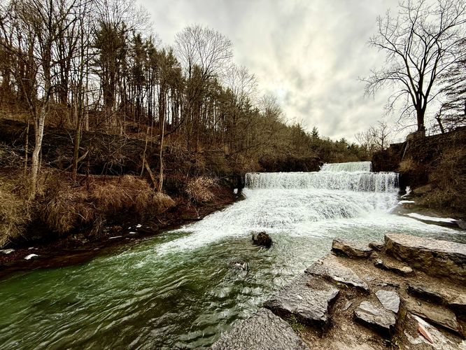Wide angle shot of Seneca Mills Falls, approx. 25-feet tall