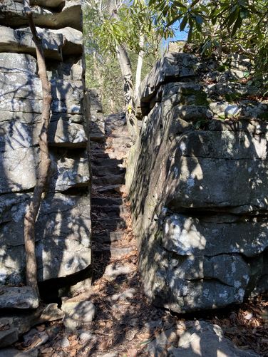 Trail cuts through the bedrock with steps