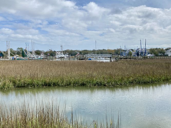 Boats sit in Shem Creek - view from the boardwalk