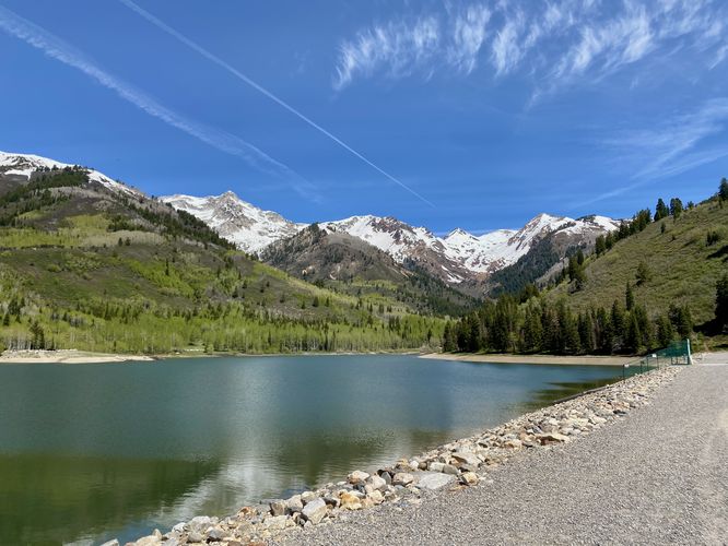 View of White Baldy Mountain and Silver Lake Flat Reservoir