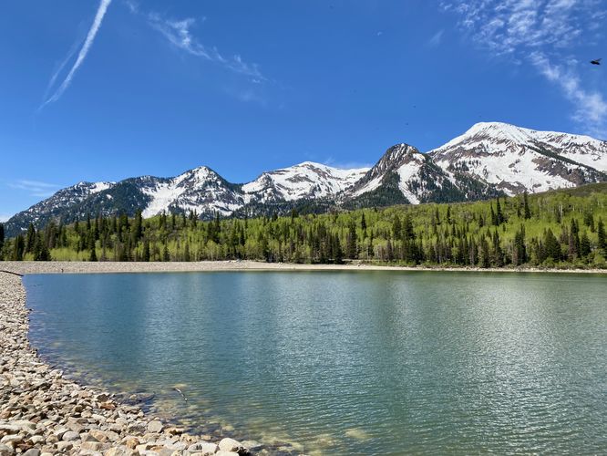 View of the reservoir and Box Elder Peak