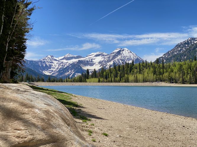 View of Mt. Timp with its snow-capped peaks from the trail