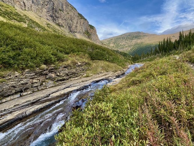 Scenic cascades of Siyeh Bend Falls (slide waterfall)