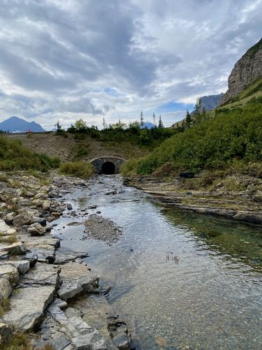 Scenic tunnel passes under the Going-to-the-Sun Road to allow Siyeh Creek to flow through
