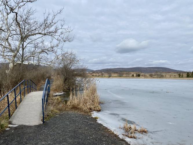 Bridge crosses a water gap at Lowe Pond
