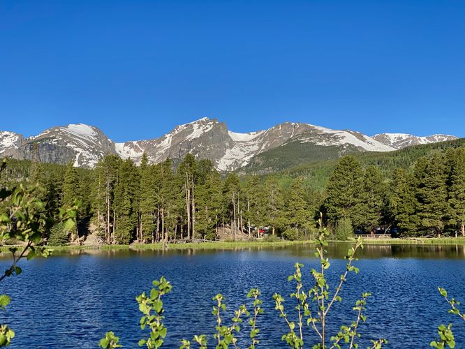 View of Sprague Lake and rocky mountains