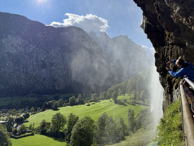 View from the side of Staubbach Falls in the cliff