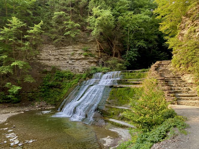 Upper Stony Brook Falls (~20-feet tall) with stone staircase