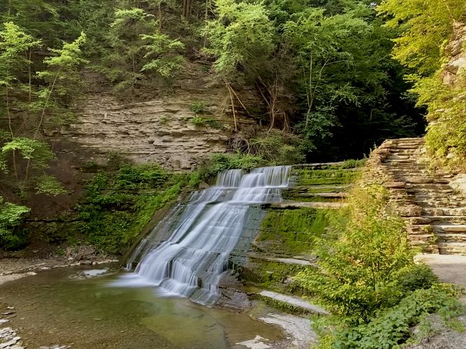 Upper Stony Brook Falls (~20-feet tall) with stone staircase long exposure