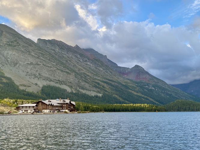 View of Many Glacier Hotel and Allen Mountain