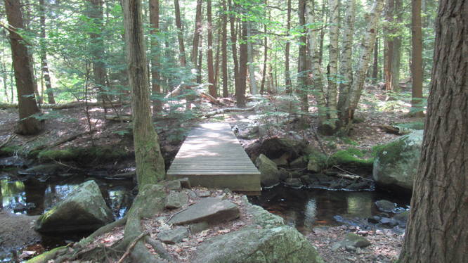 Sturdy wooden bridge over stream