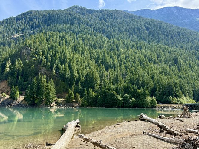 Turquoise waters of Diablo Lake as seen from Thunder Arm Beach