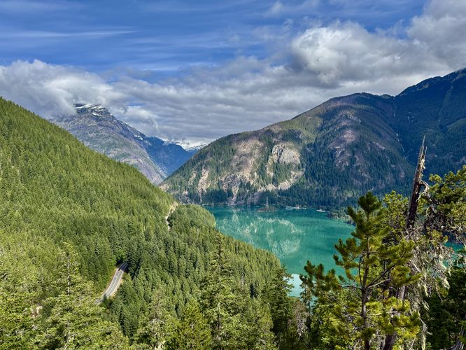 View of the North Cascades Highway, Davis Peak, and the turquoise Diablo Lake