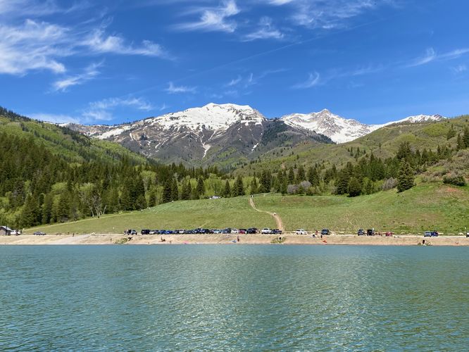 View of Box Elder Peak, White Baldy Mountain, and the reservoir