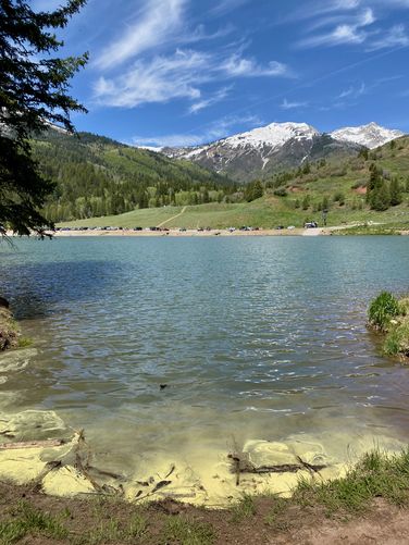 View of Box Elder Peak, White Baldy Mountain, and the reservoir
