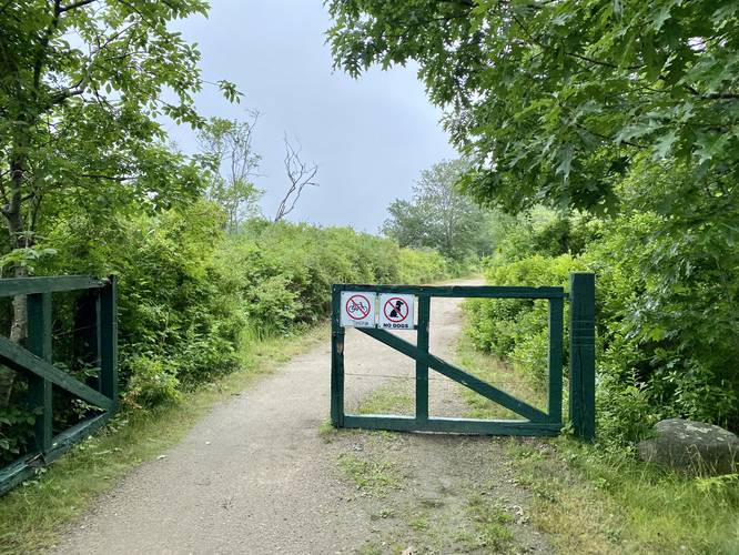Timber Point Trail gate entrance. No dogs. No biking