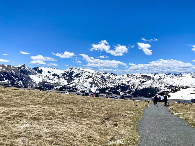 View of snow-capped alpine mountains from the trail