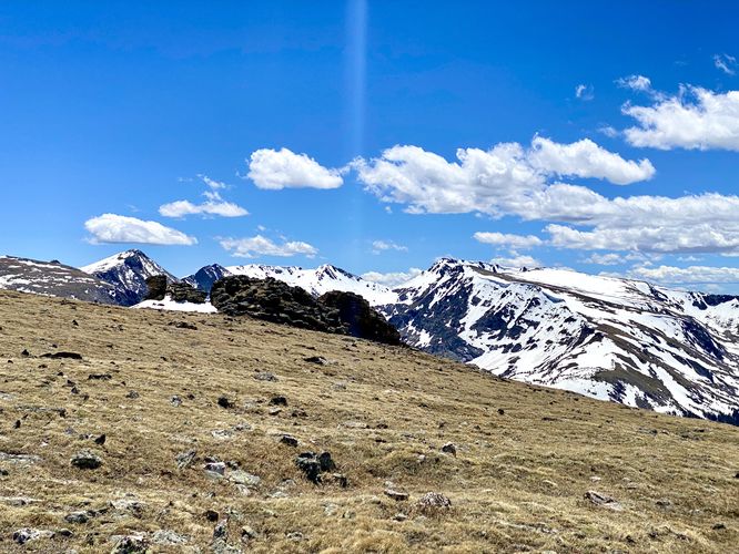 View of snow-capped alpine mountains from the trail