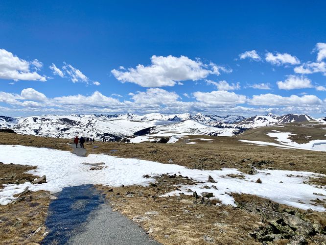 View of snow-capped alpine mountains from the trail