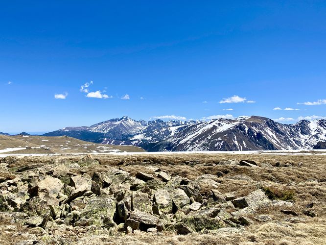 View of snow-capped alpine mountains from the trail