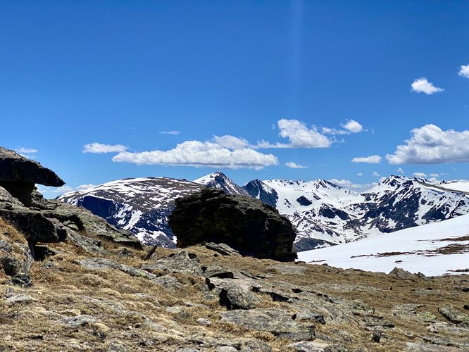 View of snow-capped alpine mountains from the trail