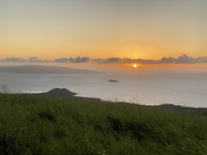 View of Kaho'olawe, Pu'u Olai, and Molokini Crater from the Ulupalakua Overlook at sunset