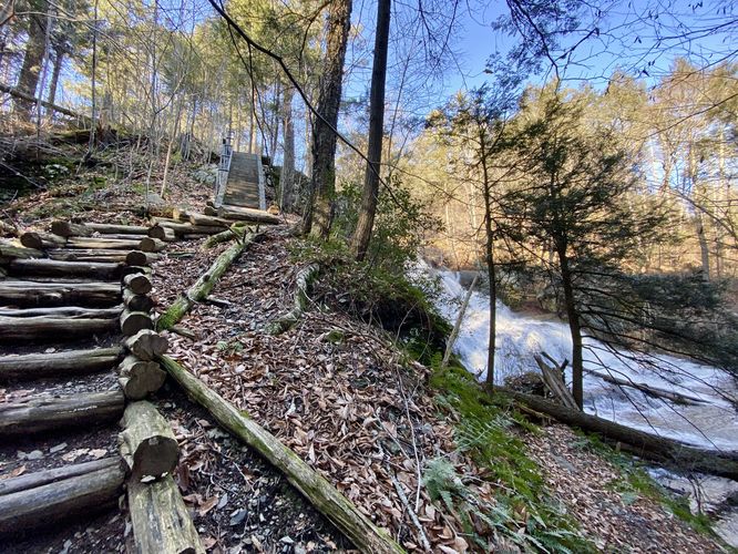 Hiking up the stairs adjacent to Upper Indian Ladders waterfalls