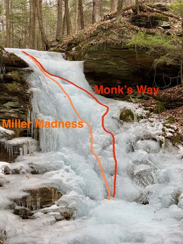 Upper Rattler Run Falls ice climbing routes (silly names by Dave and Sam)