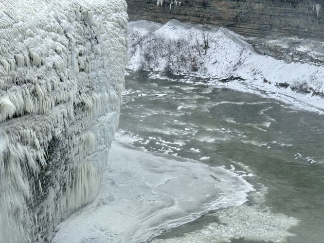 Frozen waterfall spray clings to the 100-foot tall cliffs in the Letchworth Gorge