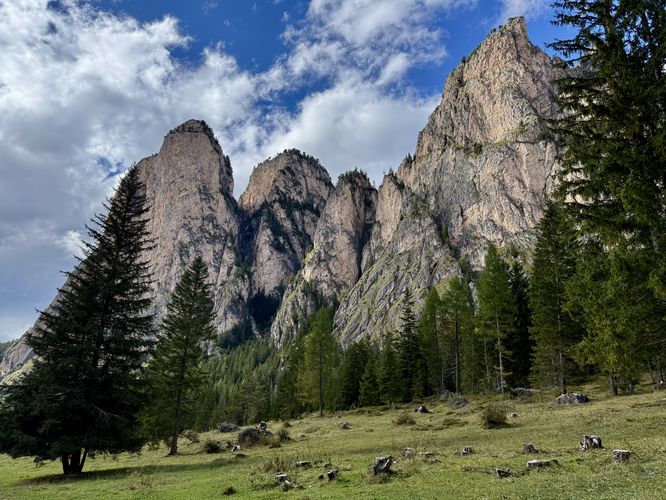 Alpine limestone peaks and walls tower over the valley
