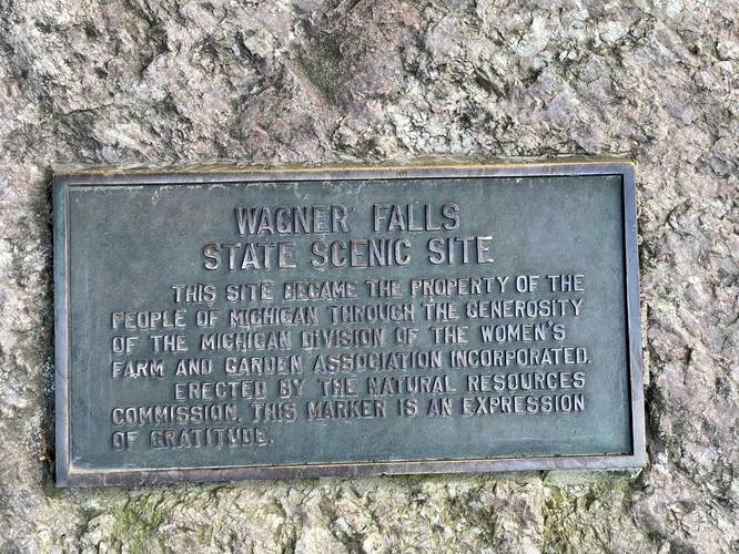 Plaque dedicated to donation of Wagner Falls Scenic Site by the Michigan Division of Women's Farm and Garden Association Inc