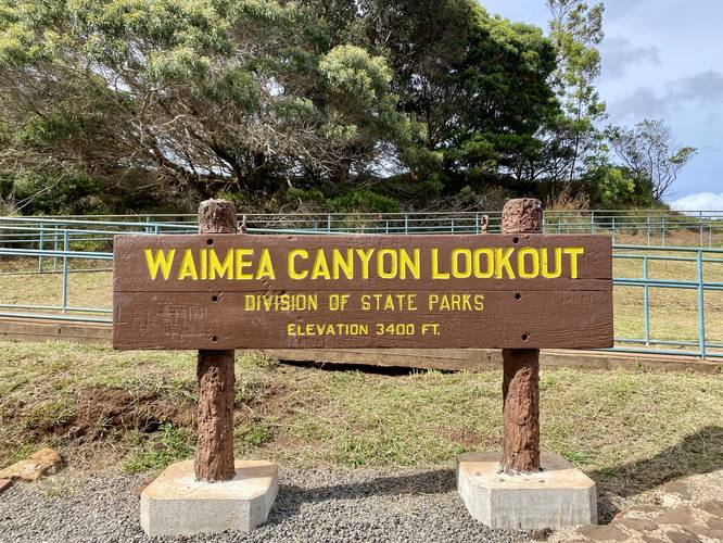 Waimea Canyon Lookout sign, elevation 3,400-feet