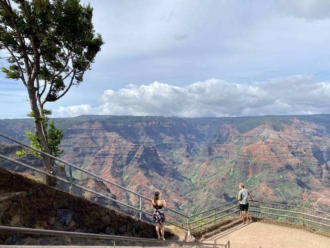 Visitors for scale with views into Waimea Canyon from the Waimea Canyon Lookout