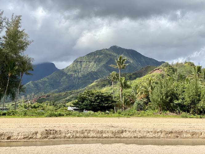View of large mountain outside of Hanalei Bay