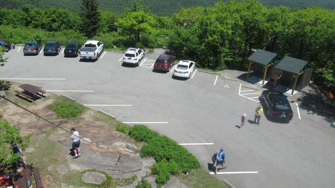 View of the summit parking area and restrooms from the Fire tower