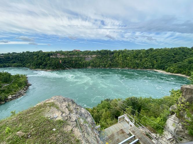 Wide-angle view of Niagara Gorge's Whirlpool Rapids