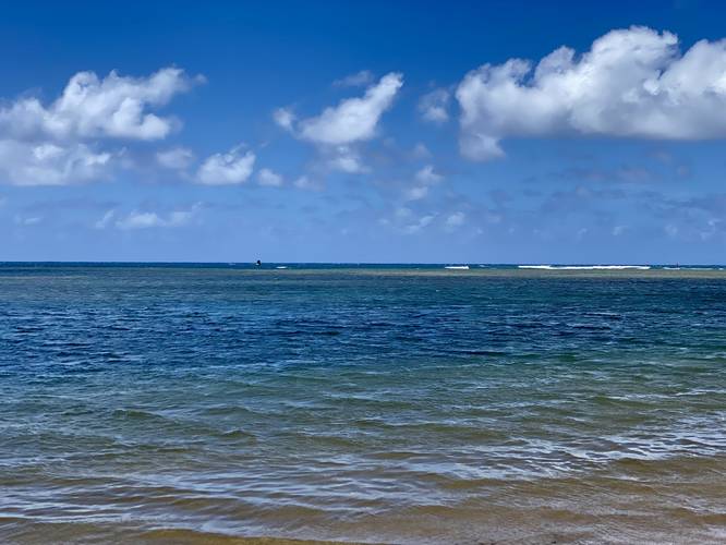 View of western-most Anini Beach with wind surfers on the horizon